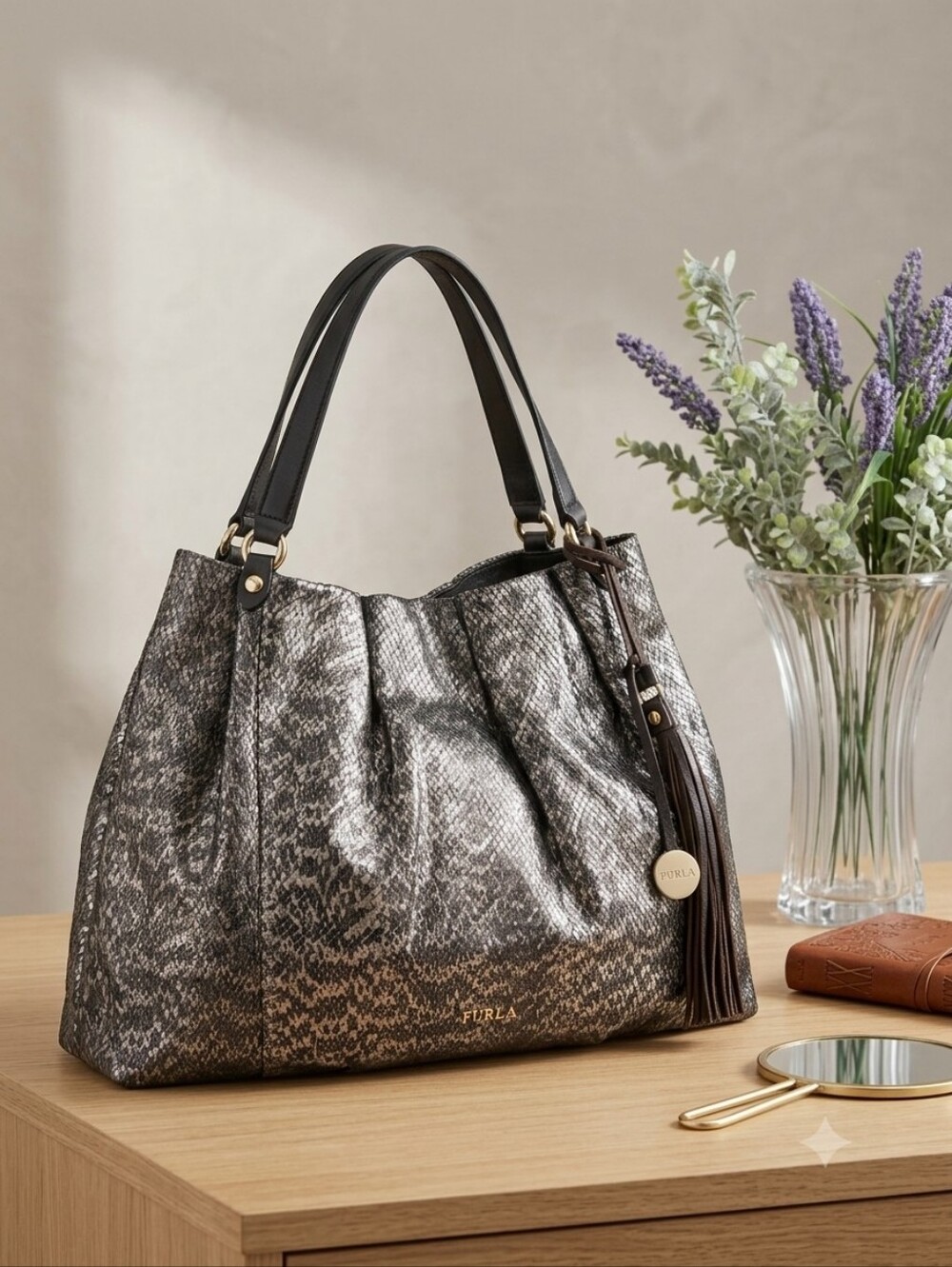Vintage Furla Metallic Python Embossed Leather Large Hobo Shoulder Bag